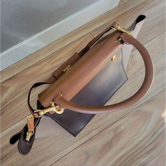 Celene Tricolor Medium Trapeze Luggage Satchel in Cognac Brown Tan - Picture 11 of 16